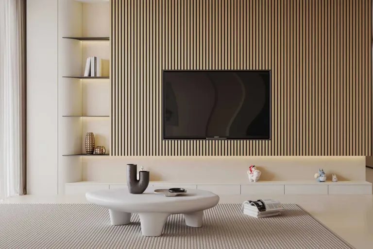 Timber acoustic slat panels behind a TV