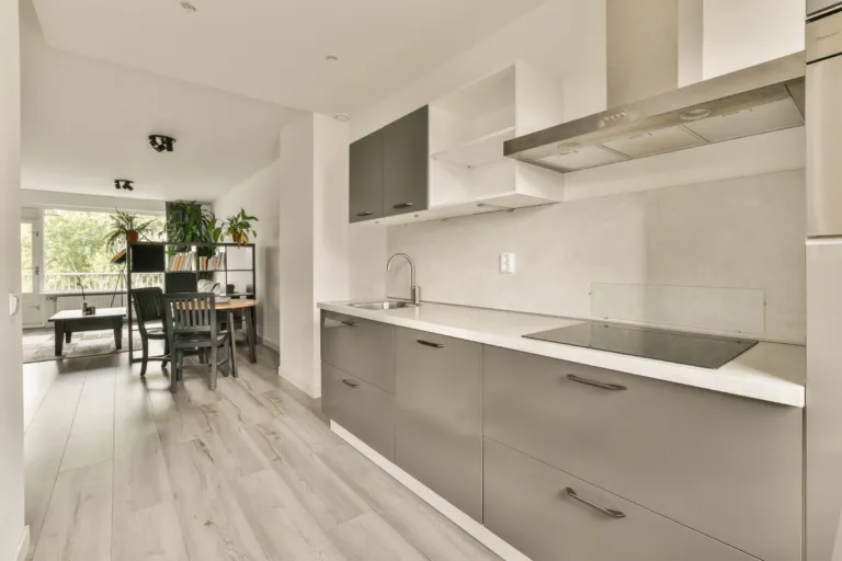 Grey oak floor in a modern kitchen