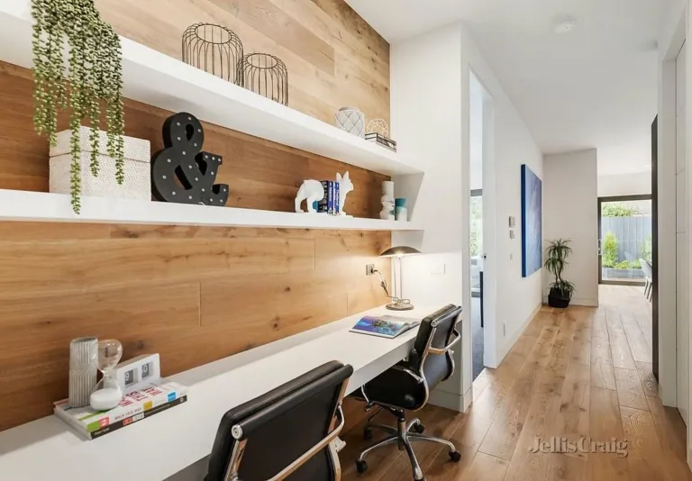 Oak floor and oak-clad study nook