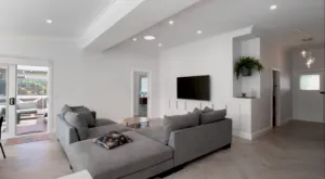 Vermont Oak herringbone living room looking towards the entry