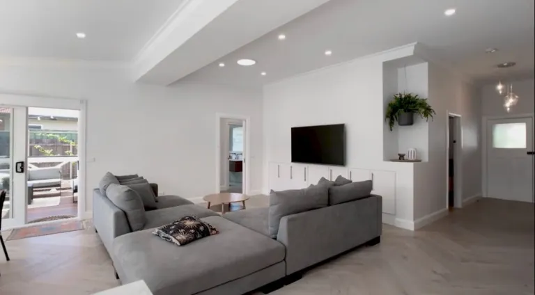 Vermont Oak herringbone living room looking towards the entry